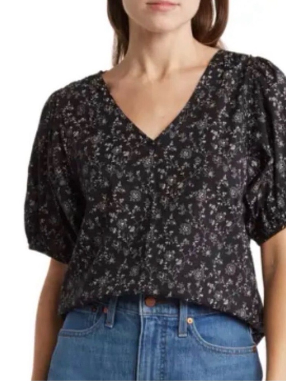 Woven Floral V-Neck Puff Sleeve Top - Black